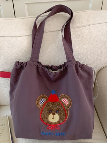 Borsa Tote in Tessuto con Orso Ricamato Stile Retro Mori Grande Capacità Borsa a Tracolla con Coulisse per Donna Studenti Pendolare