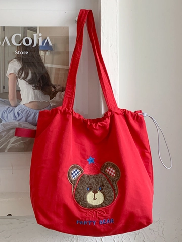Borsa Tote in Tessuto con Orso Ricamato Stile Retro Mori Grande Capacità Borsa a Tracolla con Coulisse per Donna Studenti Pendolare