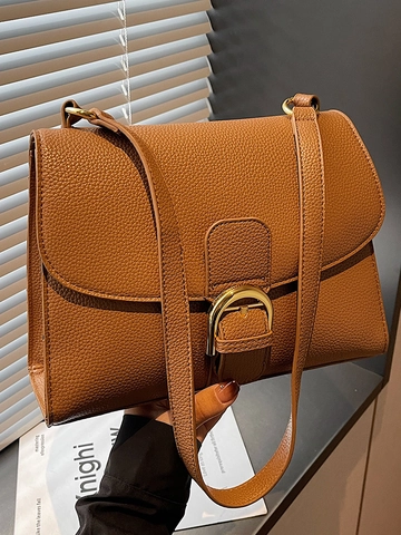 Retro Pebbled PU Leather Flip Crossbody Bag With Gold D-Shaped Buckle Fashion Versatile Commuter Shoulder Bag For Women