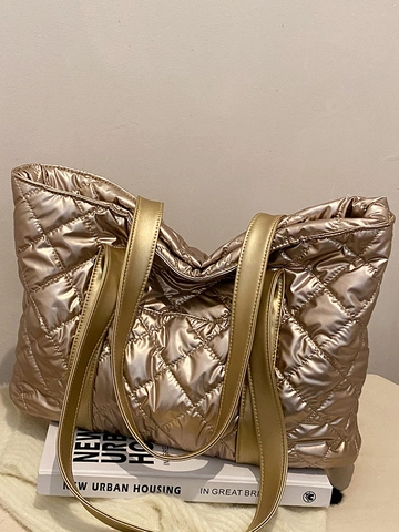 Bolso Tote Acolchado Grande para Mujer Cuero PU Metálico Rombos Urbano Viajes Cremallera Bolso de Hombro Color Sólido