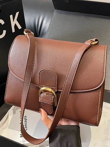 Retro Pebbled PU Leather Flip Crossbody Bag With Gold D-Shaped Buckle Fashion Versatile Commuter Shoulder Bag For Women