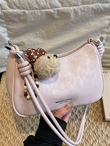 Women's Retro PU Leather Underarm Bag Minimalist Dumpling Crossbody Bag With Plush Bear Pendant Fashion Shoulder Bag