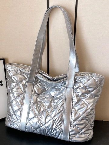 Bolso Tote Acolchado Grande para Mujer Cuero PU Metálico Rombos Urbano Viajes Cremallera Bolso de Hombro Color Sólido