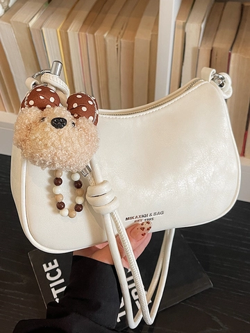 Women's Retro PU Leather Underarm Bag Minimalist Dumpling Crossbody Bag With Plush Bear Pendant Fashion Shoulder Bag