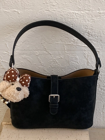 Women Retro PU Leather Bucket Bag Minimalist Solid Color Underarm Shoulder Bag With Belt Buckle Daily Fashion Handbag