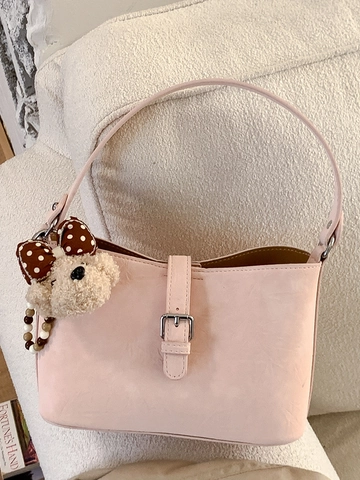 Women Retro PU Leather Bucket Bag Minimalist Solid Color Underarm Shoulder Bag With Belt Buckle Daily Fashion Handbag
