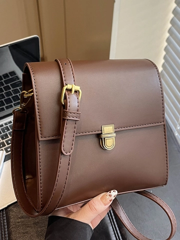 Vintage Urban Minimalistisch Damen PU Leder Umhängetasche Gold Schloss Nähte Detail Kleine Quadratische Klappentasche Handtasche