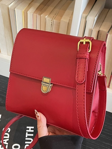 Vintage Urban Minimalistisch Damen PU Leder Umhängetasche Gold Schloss Nähte Detail Kleine Quadratische Klappentasche Handtasche