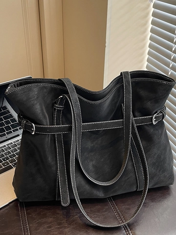 Vintage Grote Capaciteit Tote Bag Voor Vrouwen Suèdine Contraststiksel Handtas Dagelijks Woon-Werkverkeer Schoudertas