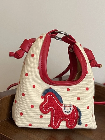 Mini Bolso de Hombro de Lona con Lunares para Mujer Lindo Bolso Bandolera Bordado de Caballo Bolso Cuadrado Pequeño Accesorio de Moda