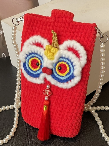 Borsa a Tracolla Fatta a Mano a Maglia Danza del Leone Rossa Lana Peluche Porta Cellulare Perla Artificiale Donna Ragazza