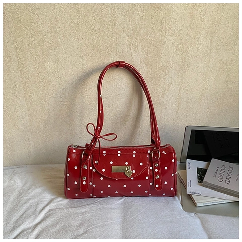 Retro High Gloss Polka Dot Underarm Shoulder Bag For Women Vintage PU Leather Cylinder Baguette Bag With Heart Pendant