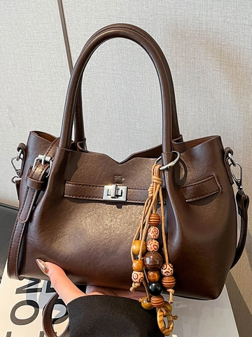 Borsa a Secchiello in Pelle PU Vintage da Donna Borsa a Tracolla Retrò con Ciondolo in Perline di Legno Borsa da Lavoro Minimalista
