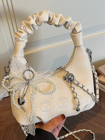 Sac à Main Nuage Plissé pour Femme Cuir PU Broderie Ours Avec Breloque Perle et Dentelle Sac à Bandoulière Quadrillé