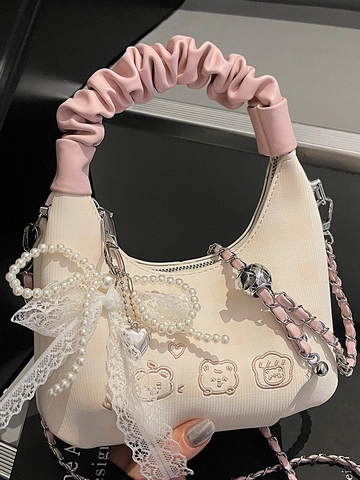 Sac à Main Nuage Plissé pour Femme Cuir PU Broderie Ours Avec Breloque Perle et Dentelle Sac à Bandoulière Quadrillé