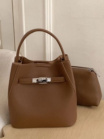 Damen Koreanischer Einfacher PU Leder Eimer Tasche Litschi Muster Metall Drehverschluss Schulter Umhängetasche Mit Bärenanhänger Handtasche