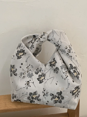Retro Floral Print Satin Knot Handbag For Women Vintage Casual Cloud Bag Small Tote Bag For Daily Commuting Elegant Lady Wrist Bag
