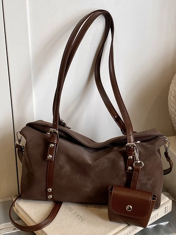 Borsa Sottobraccio in Pelle PU da Donna Grande Capacità Vintage Stile Maillard Borsa a Tracolla Con Mini Pochette Rimovibile