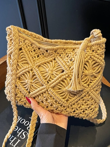 Handmade Macrame Cotton Rope Straw Woven Shoulder Bag Bohemian Tassel Crossbody Bag For Women Forest Style Summer Beach Handbag