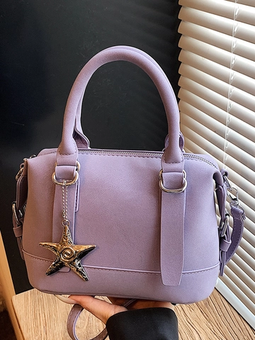 Borsa a Mano Boston Minimalista Donna Tinta Unita in Pelle PU Borsa a Tracolla Con Ciondolo a Stella Shopping Quotidiana