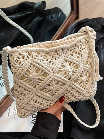 Handmade Macrame Cotton Rope Straw Woven Shoulder Bag Bohemian Tassel Crossbody Bag For Women Forest Style Summer Beach Handbag