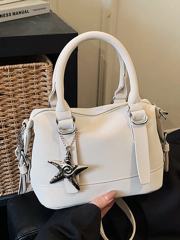 Borsa a Mano Boston Minimalista Donna Tinta Unita in Pelle PU Borsa a Tracolla Con Ciondolo a Stella Shopping Quotidiana
