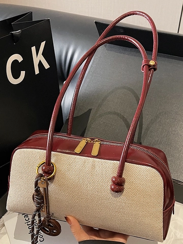 Borsa Sottobraccio in Tela e Pelle Sintetica Vintage da Donna Grande Capacità Borsa a Bauletto Con Cuciture a Ciondolo