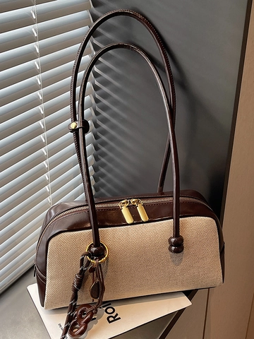 Borsa Sottobraccio in Tela e Pelle Sintetica Vintage da Donna Grande Capacità Borsa a Bauletto Con Cuciture a Ciondolo