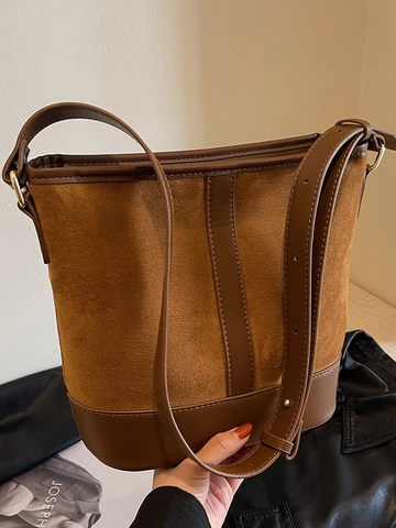 Große Kapazität Vintage Eimertasche Für Damen PU Leder Wildleder Nähte Minimalistisch Pendler Schulter Umhängetasche