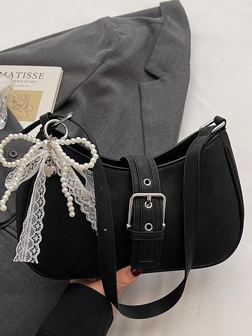 Women Minimalist PU Leather Underarm Bag Vintage Hobo Shoulder Bag With Pearl Lace Charm Contrast Color Bag For Daily Matching