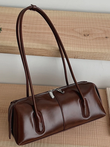 Vintage PU Leather Underarm Shoulder Bag For Women Shiny Rectangular Commute Bag With Double Strap Zip Closure Solid Color