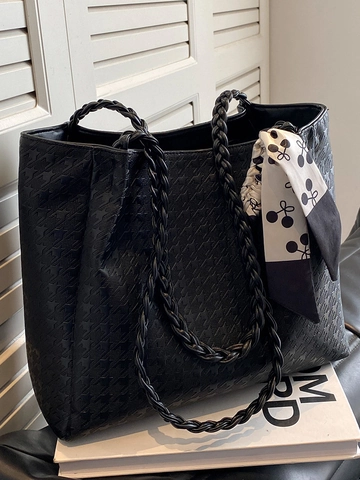 Mode Damen Große Kapazität PU Leder Tote Bag Geprägtes Muster Geflochtener Griff Dekorativer Seidenschal Pendeln Handtasche