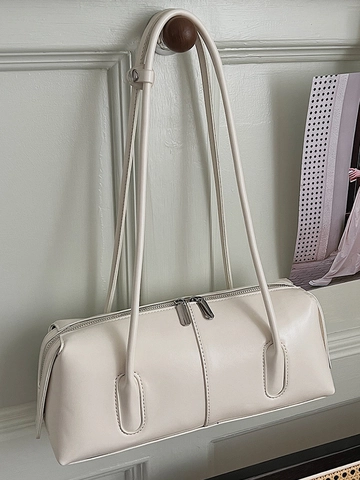 Vintage PU Leather Underarm Shoulder Bag For Women Shiny Rectangular Commute Bag With Double Strap Zip Closure Solid Color