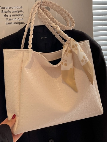 Mode Damen Große Kapazität PU Leder Tote Bag Geprägtes Muster Geflochtener Griff Dekorativer Seidenschal Pendeln Handtasche