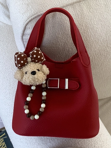 Bolso Bombonera de PU Urbano Simple para Mujer Bolso de Hombro Cruzado Minimalista Con Amuleto de Oso de Peluche Textura Lichi