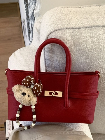 Sac à Main Élégant en Cuir PU Avec Motif Litchi Pour Femme Style Rétro Avec Pendentif Ours en Peluche Grande Capacité