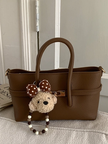 Sac à Main Élégant en Cuir PU Avec Motif Litchi Pour Femme Style Rétro Avec Pendentif Ours en Peluche Grande Capacité