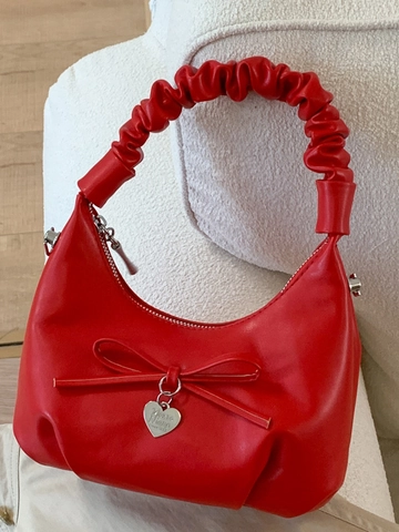 Damen Mode PU Leder Umhängetasche Mit Schleife Herzanhänger Geraffter Griff Kette Elegant Hobo Handtasche Schultertasche