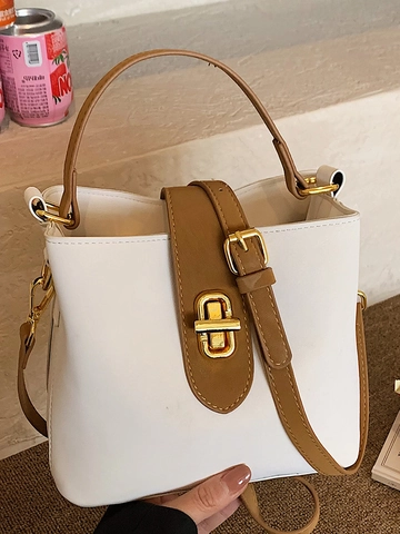 Vintage Eimer Tasche aus PU Leder für Damen Retro Großes Fassungsvermögen Handtasche Umhängetasche mit Metall Drehsperre