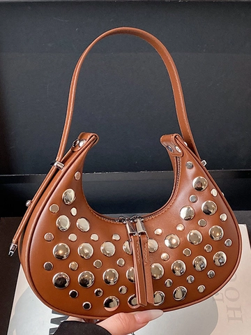 Women Rivet Underarm Bag Fashion Crescent Hobo Shoulder Bag PU Leather Punk Casual Ladies Handbag With Silver Rivets