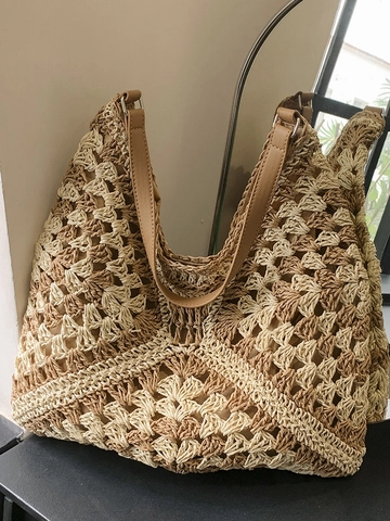 Große Kapazität Gehäkelt Stroh Tragetasche Für Damen Handgefertigt Patchwork Geometrisch Schultertasche Strand Resort Alltag Handtasche