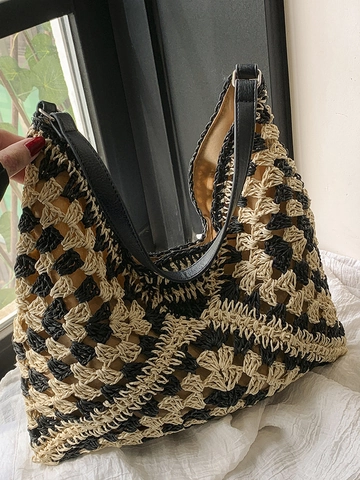 Große Kapazität Gehäkelt Stroh Tragetasche Für Damen Handgefertigt Patchwork Geometrisch Schultertasche Strand Resort Alltag Handtasche