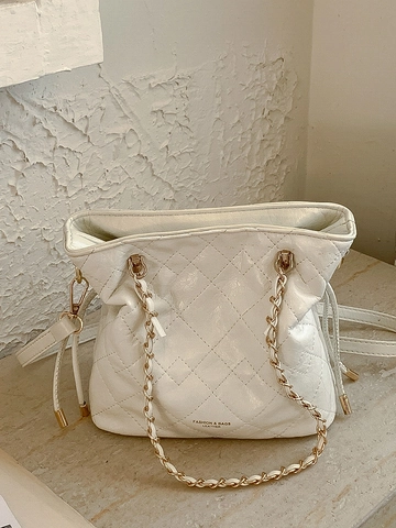 Sac à Bandoulière Matelassé Treillis de Diamant pour Femmes Sac Seau en Cuir PU Mode Sac à Main Rétro à Chaîne avec Pendentif Ours