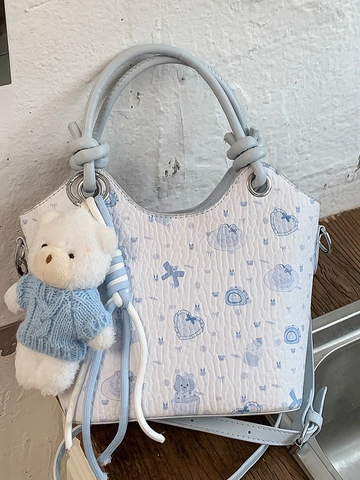Women Sweet PU Leather Bucket Bag Cute Cartoon Print Shoulder Bag Trendy Knot Handle Crossbody Bag With Plush Bear Charm