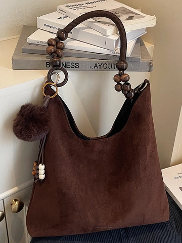 Retro Women PU Leather Tote Bag Large Capacity Suede Look Hobo Bag With Wooden Beads Strap And Fur Ball Charm
