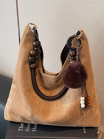 Retro Women PU Leather Tote Bag Large Capacity Suede Look Hobo Bag With Wooden Beads Strap And Fur Ball Charm