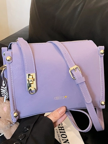 Minimalistische Vintage PU Leder Kleine Quadratische Umhängetasche Für Damen Mode Ziernähte Schultertasche Mit Plüschbär Anhänger
