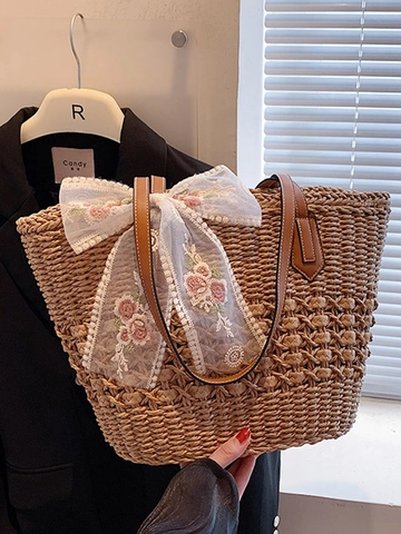 Bolso Tote de Paja Tejido a Mano para Mujer Gran Capacidad Lazo de Encaje Bordado Floral Playa de Verano