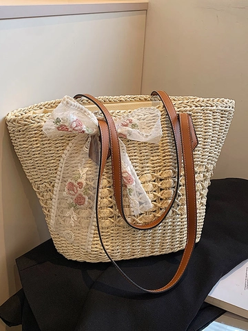 Bolso Tote de Paja Tejido a Mano para Mujer Gran Capacidad Lazo de Encaje Bordado Floral Playa de Verano