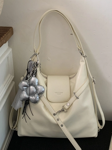 Fashion Large Capacity PU Leather Tote Bag For Women Minimalist Hobo Shoulder Bag With Flower Charm Solid Color Retro Handbag